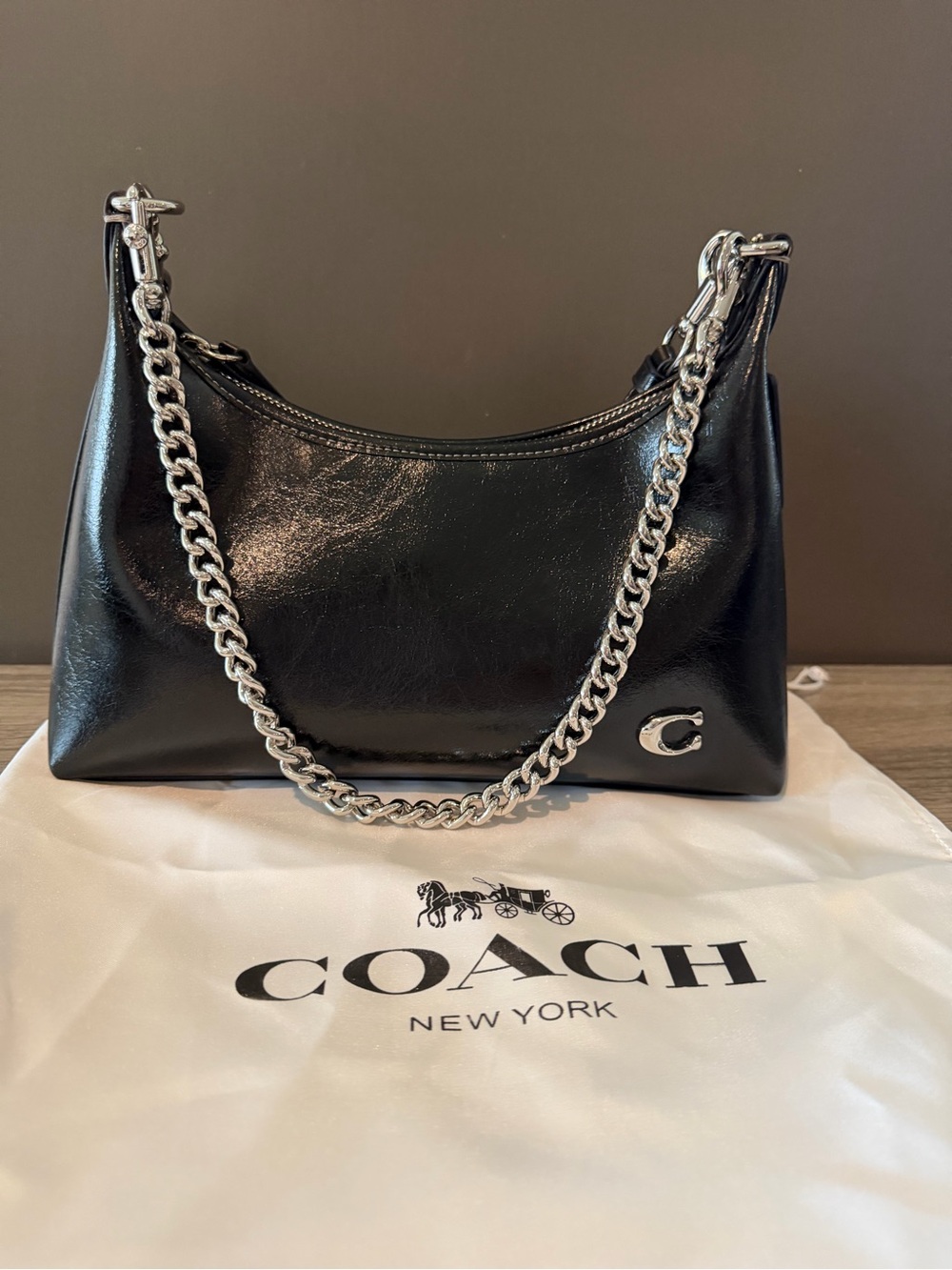 Coach Black Leather Shoulder Bag with Silver Chain